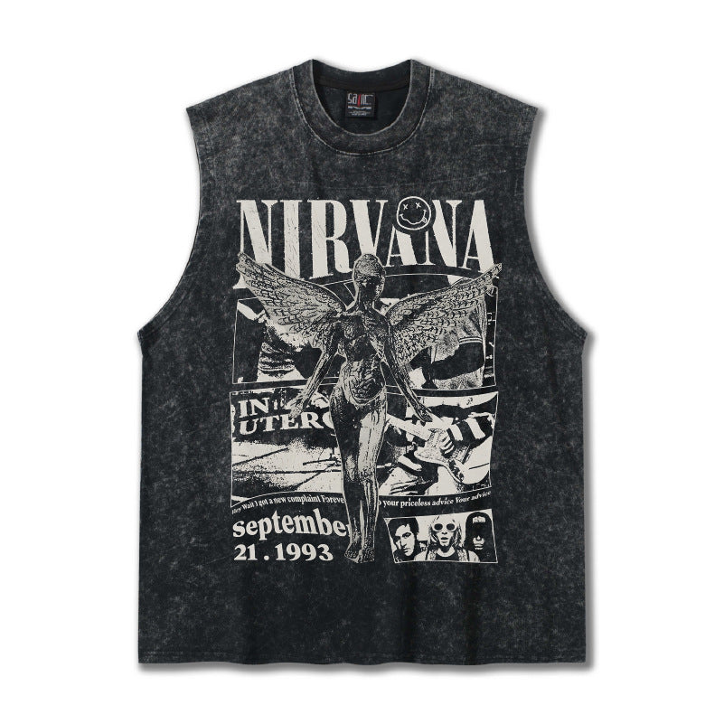 2025 Cross border Summer NIRVANA New American Retro High Street Round Neck Shoulder Tank Top T-shirt Printed Tank Top for Men (2)