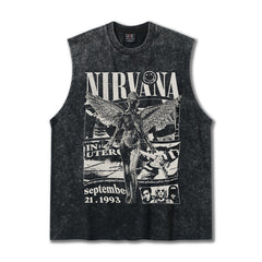 2025 Cross border Summer NIRVANA New American Retro High Street Round Neck Shoulder Tank Top T-shirt Printed Tank Top for Men (1)
