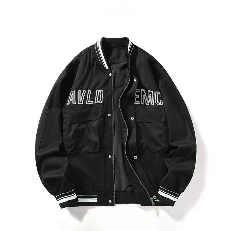 Black Multi‑Pocket Letter Embroidered Varsity Jacket