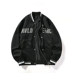 Black Multi‑Pocket Letter Embroidered Varsity Jacket