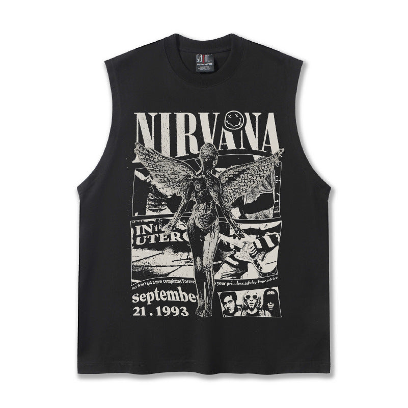2025 Cross border Summer NIRVANA New American Retro High Street Round Neck Shoulder Tank Top T-shirt Printed Tank Top for Men (2)