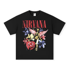 NIRVANA Rock American Retro Short Sleeve T-shirt Washed Heavy Cross border Printed Trendy Pure Cotton Vintage Men (4)