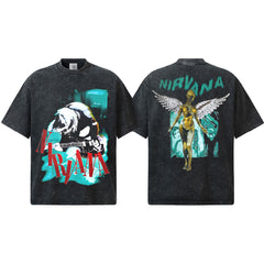 2026 Cross border Spring/Summer NIRVANA New American Round Neck 300G Cotton Shoulder Drop Heavy Short Sleeve Men's Bottom Shirt (2)