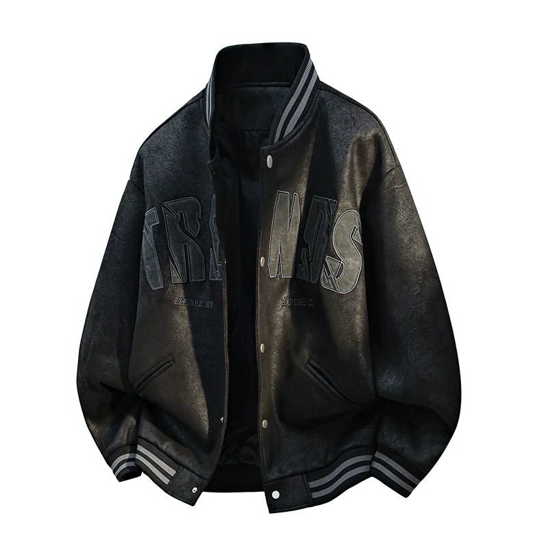 Black Faux Leather Varsity Jacket With Embroidery