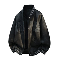 Black Faux Leather Varsity Jacket With Embroidery