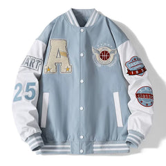 Light Blue Patched Color‑Block Varsity Jacket