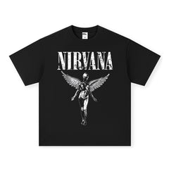NIRVANA Cross border Heavy American Retro Short Sleeve Top Men's Summer Printed T-shirt Loose Five Sleeve T-shirt (1)