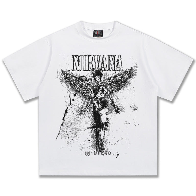 2025 Spring/Summer New Cross border NIRVANA Rock Band Vintage Short sleeved T-shirt Heavy duty Washed and Used Trend (10)