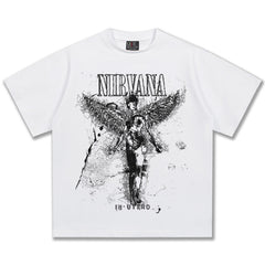 2025 Spring/Summer New Cross border NIRVANA Rock Band Vintage Short sleeved T-shirt Heavy duty Washed and Used Trend (10)