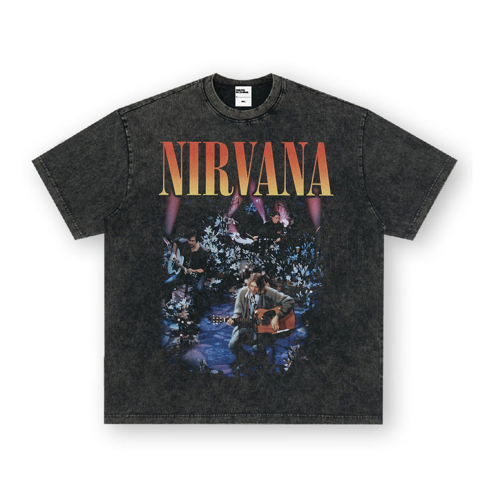 NIRVANA Rock American Retro Short Sleeve T-shirt Washed Heavy Cross border Printed Trendy Pure Cotton Vintage Men (1)