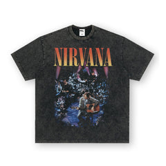 NIRVANA Rock American Retro Short Sleeve T-shirt Washed Heavy Cross border Printed Trendy Pure Cotton Vintage Men (1)
