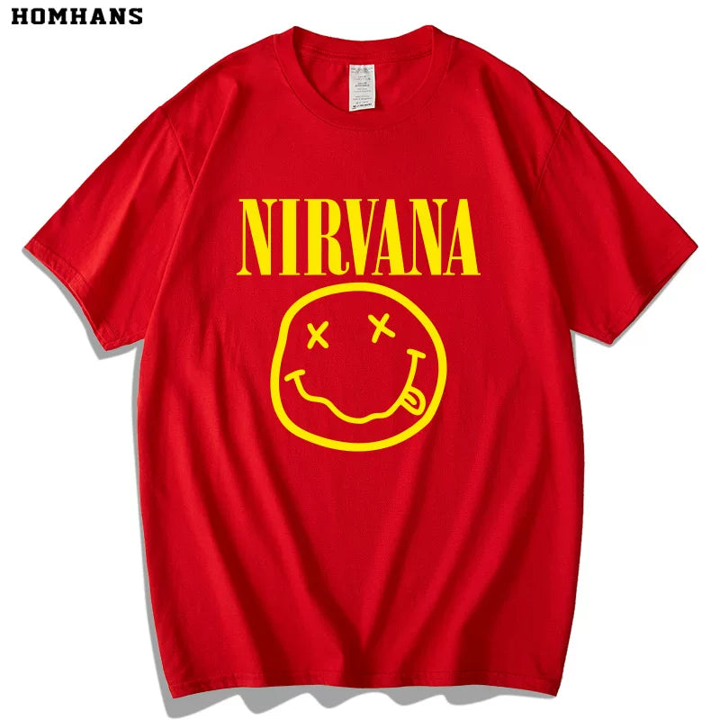 Red Korean Nirvana Nirvana Band European and American Metal Rock Pure Cotton Short sleeved Men's Smiling Face T-shirt Women's Loose Large Size (2)