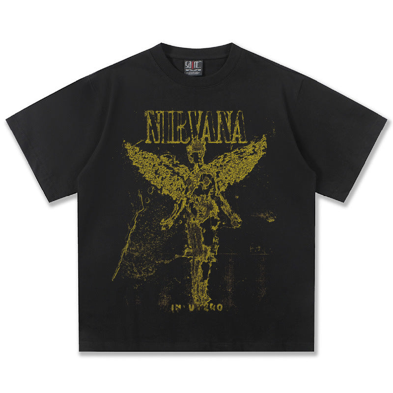 2025 Spring/Summer New Cross border NIRVANA Rock Band Vintage Short sleeved T-shirt Heavy duty Washed and Used Trend (10)