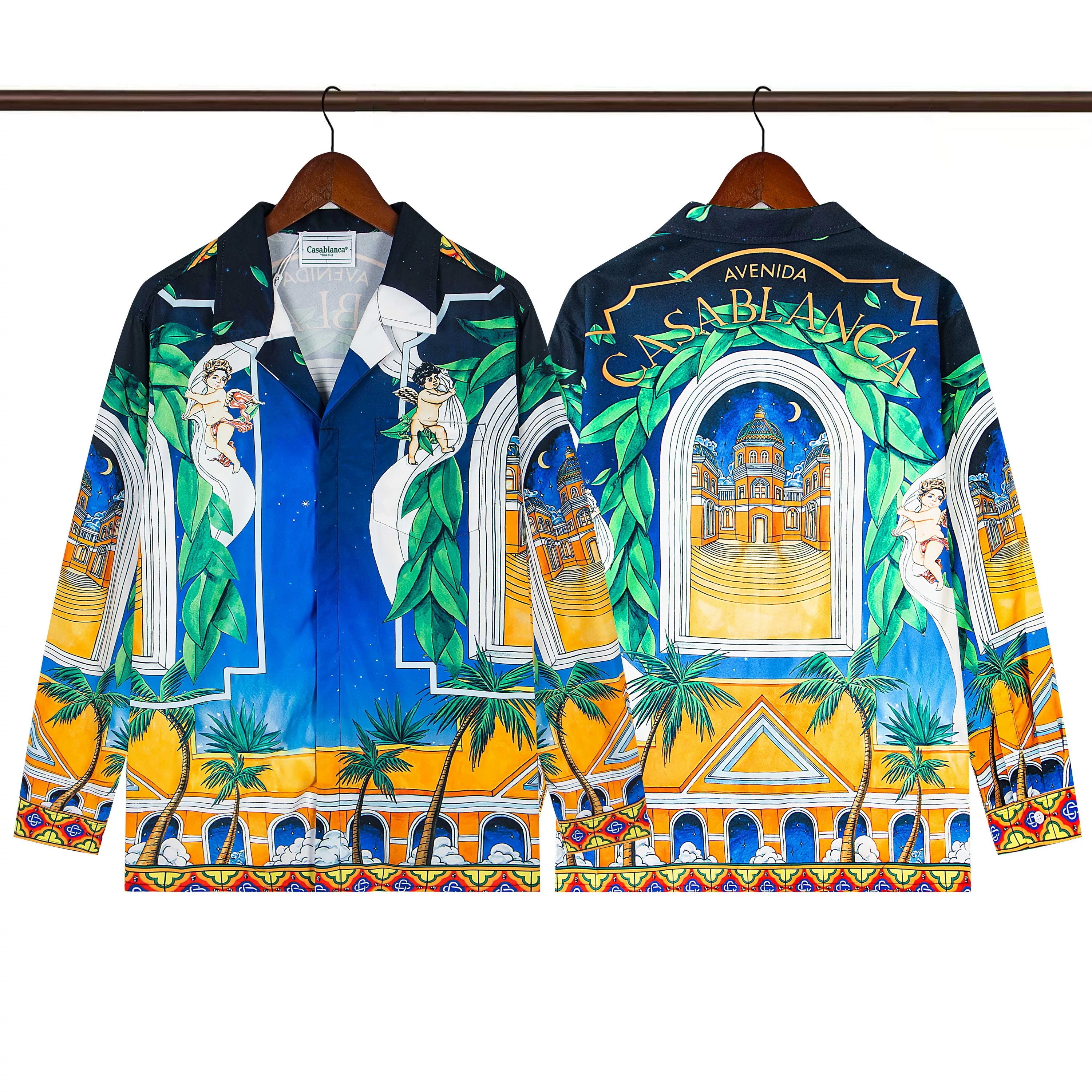Casablanca Avenida Architectural Arch & Palm Silk-Style Shirt - Navy / Gold