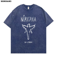 Washed vintage Nirvana In Utero band retro short sleeved T-shirt for men and women, loose and casual pure cotton (1)