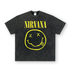 NIRVANA Rock American Retro Short Sleeve T-shirt Washed Heavy Cross border Printed Trendy Pure Cotton Vintage Men (6)