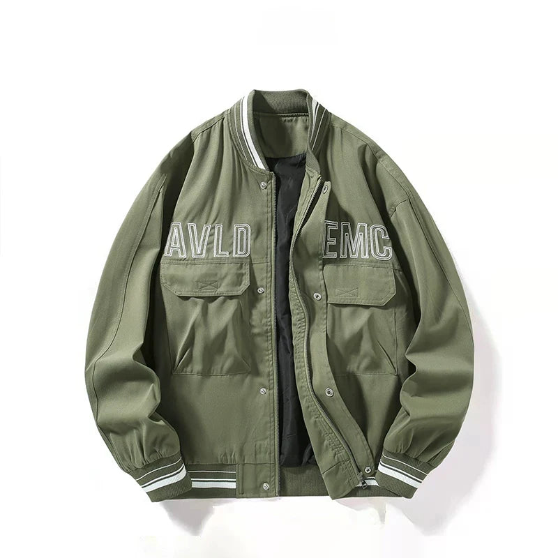 Olive Green Multi‑Pocket Embroidered Varsity Jacket