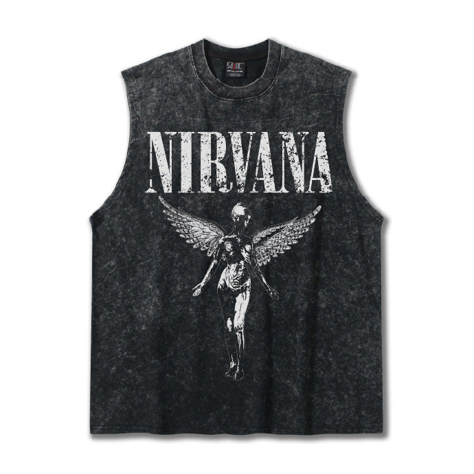 2025 Cross border Summer Nirvana American Retro High Gram Heavy Washed Water Shoulder Tank Top T-shirt Printed Men's Tank Top Trend (1)