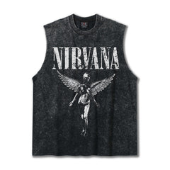 2025 Cross border Summer Nirvana American Retro High Gram Heavy Washed Water Shoulder Tank Top T-shirt Printed Men's Tank Top Trend (1)