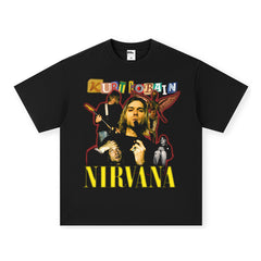 NIRVANA Rock American Retro Short Sleeve T-shirt Washed Heavy Cross border Printed Trendy Pure Cotton Vintage Men (7)