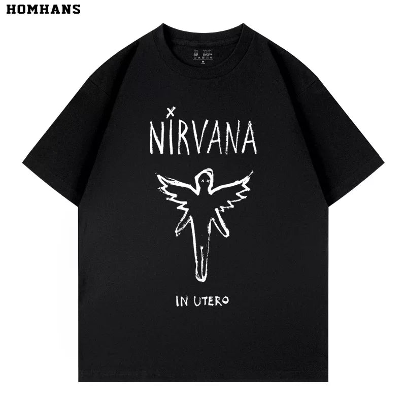 Washed vintage Nirvana In Utero band retro short sleeved T-shirt for men and women, loose and casual pure cotton (2)