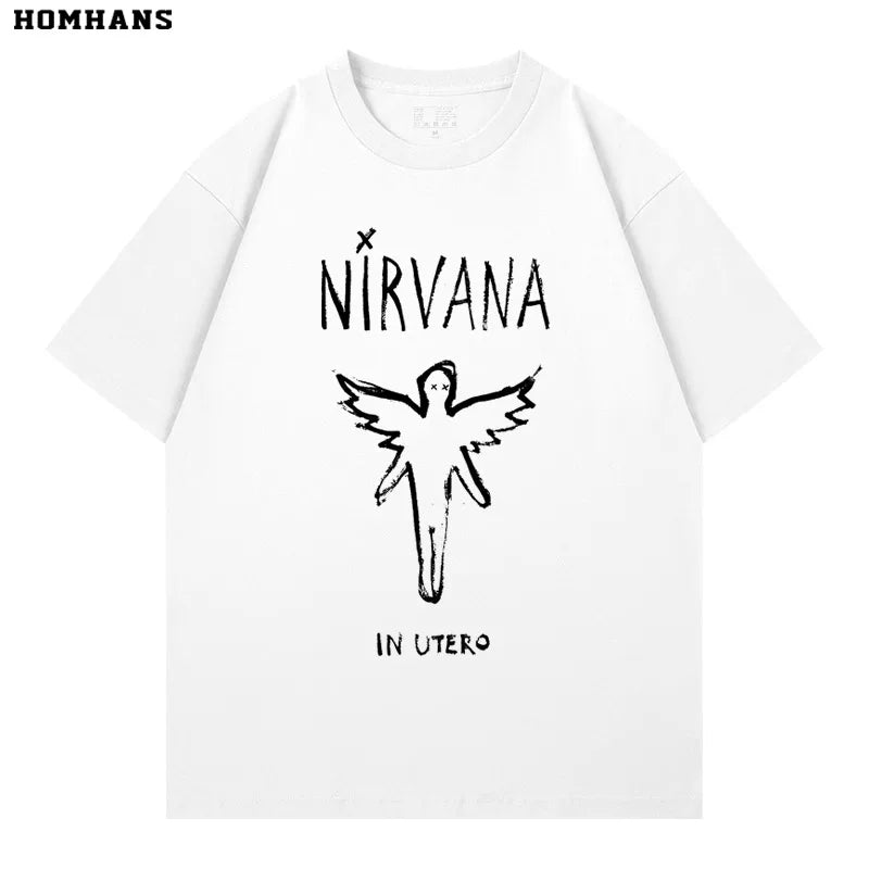 Washed vintage Nirvana In Utero band retro short sleeved T-shirt for men and women, loose and casual pure cotton (1)