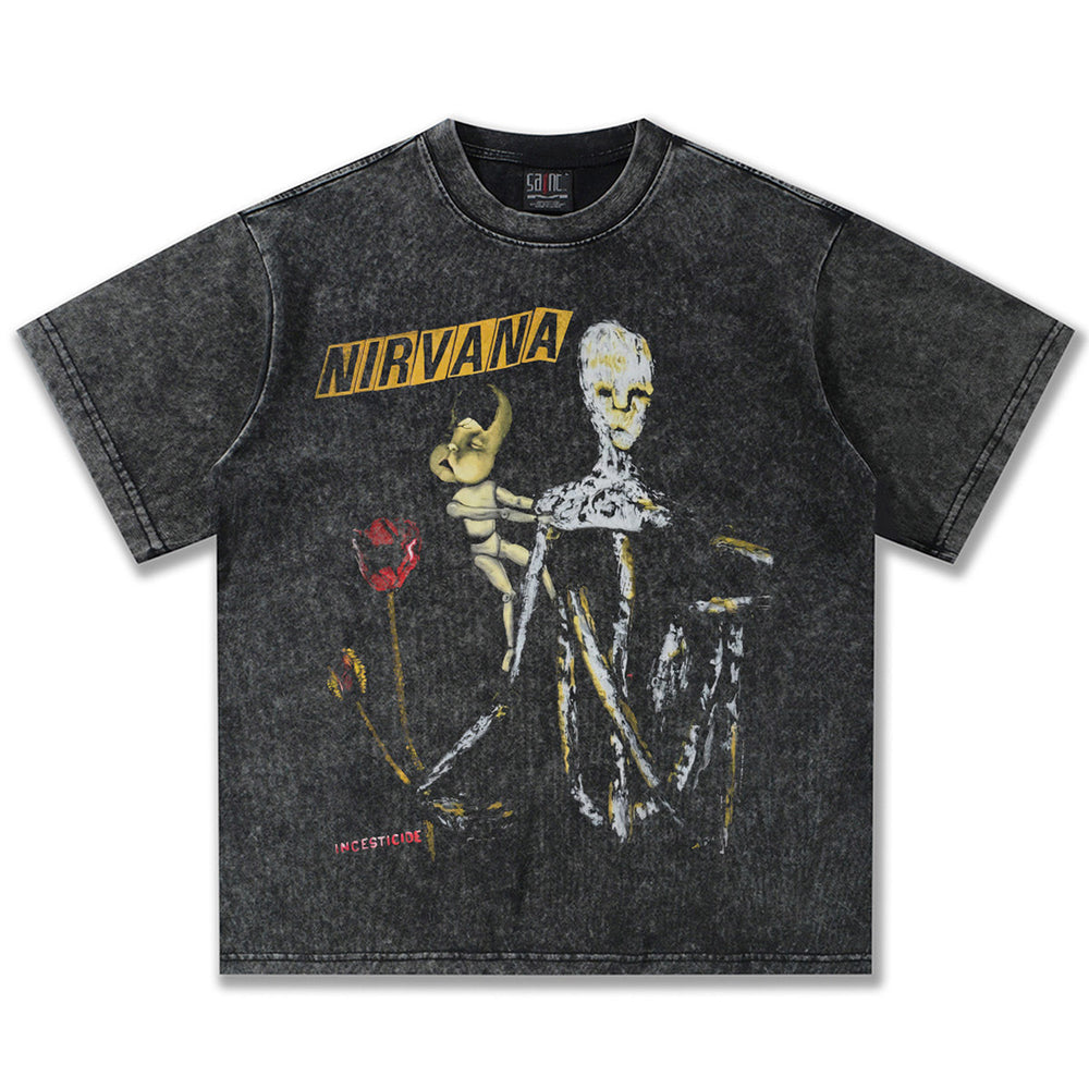 2025 Spring/Summer New Cross border NIRVANA Rock Band Vintage Short sleeved T-shirt Heavy duty Washed and Used Trend (13)