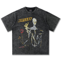 2025 Spring/Summer New Cross border NIRVANA Rock Band Vintage Short sleeved T-shirt Heavy duty Washed and Used Trend (13)