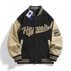 Black Contrast Sleeve Embroidered Varsity Jacket