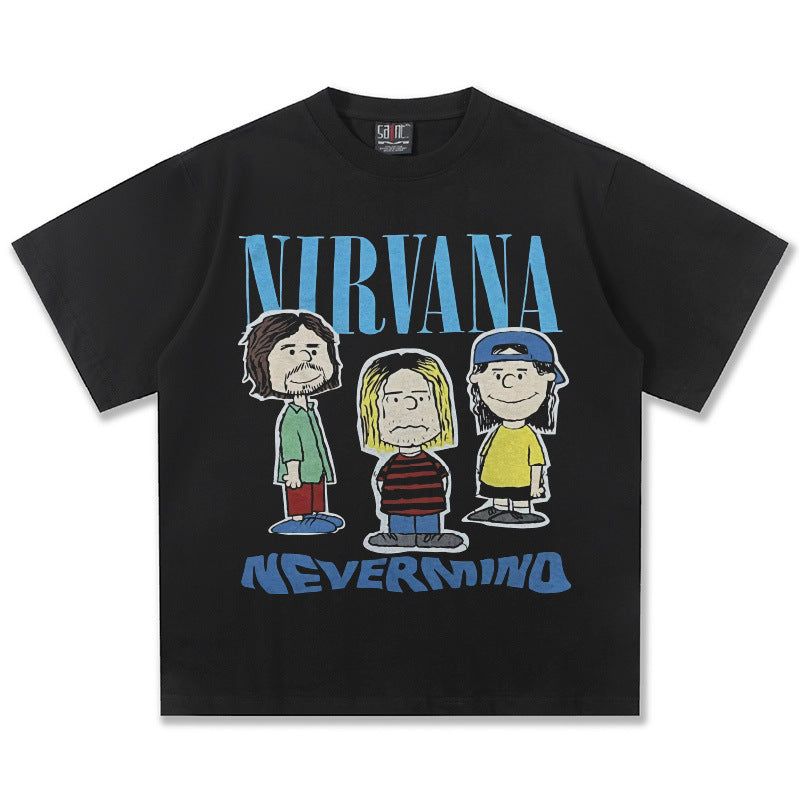 2025 Spring/Summer New Cross border NIRVANA Rock Band Vintage Short sleeved T-shirt Heavy duty Washed and Used Trend (15)
