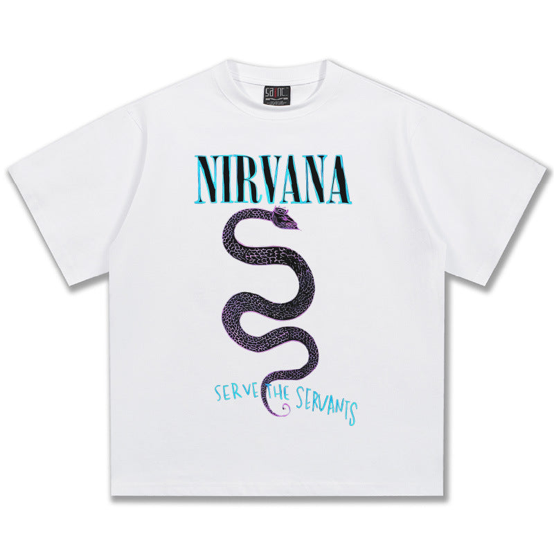 2025 Spring/Summer New Cross border NIRVANA Rock Band Vintage Short sleeved T-shirt Heavy duty Washed and Used Trend (6)