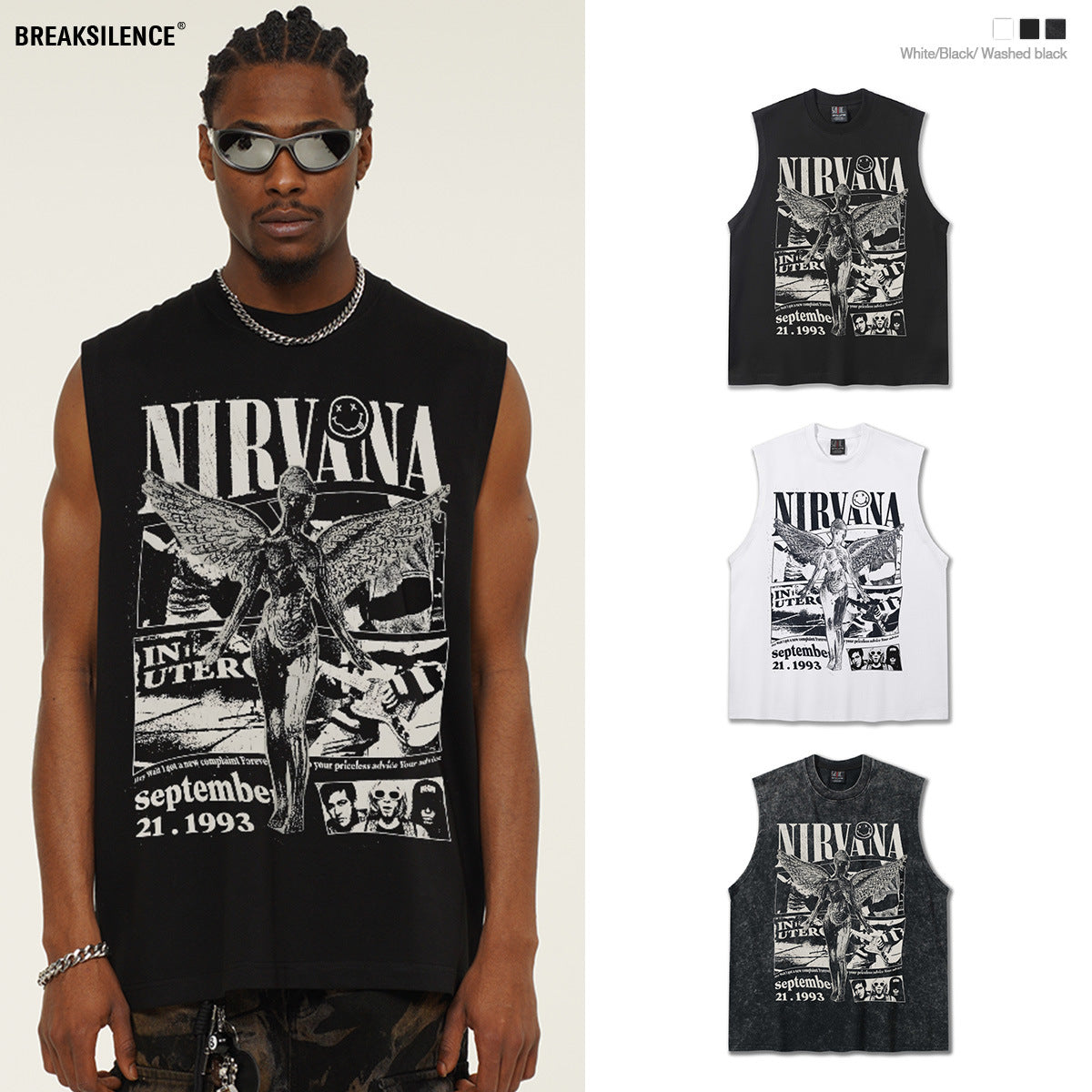 2025 Cross border Summer NIRVANA New American Retro High Street Round Neck Shoulder Tank Top T-shirt Printed Tank Top for Men (2)