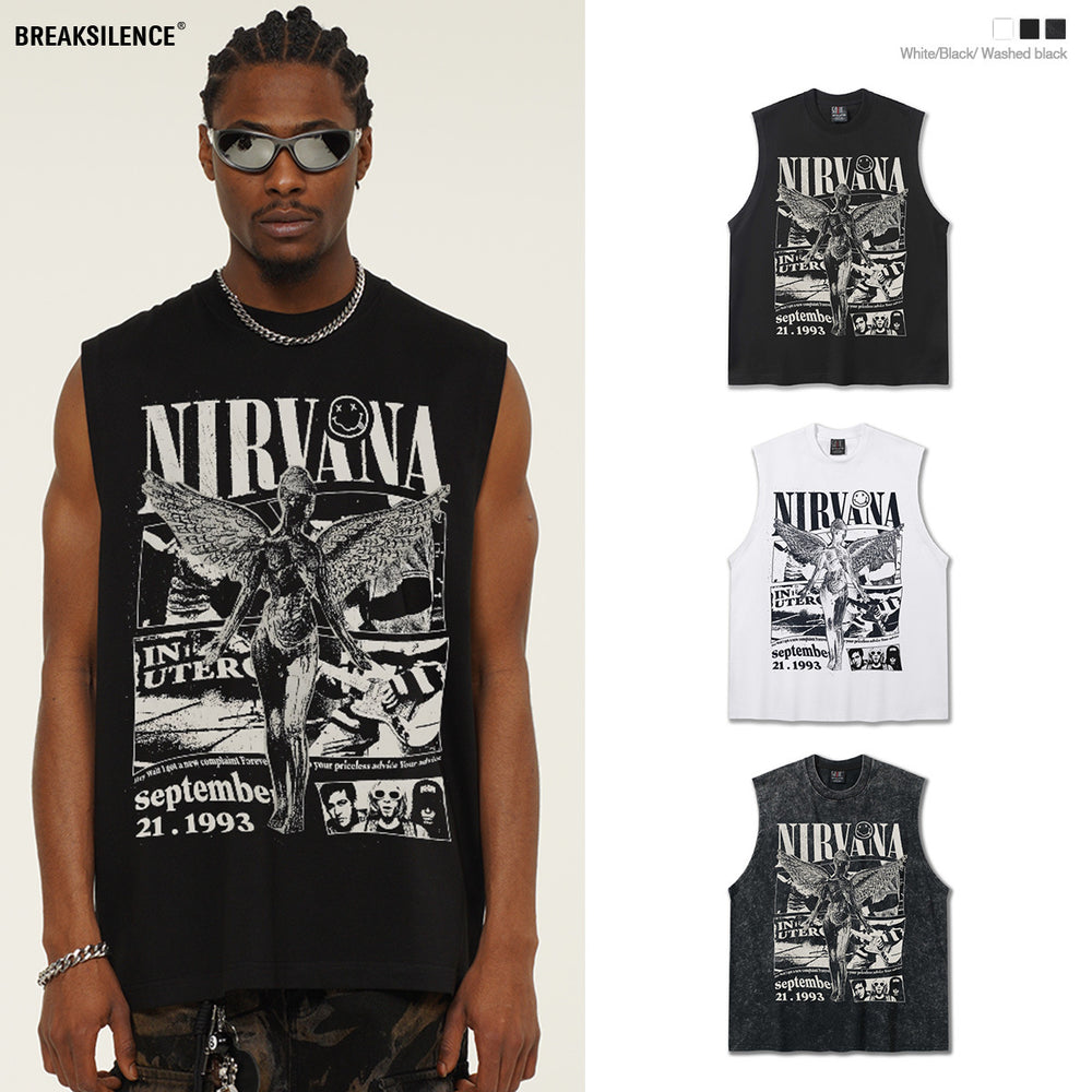 2025 Cross border Summer NIRVANA New American Retro High Street Round Neck Shoulder Tank Top T-shirt Printed Tank Top for Men (2)