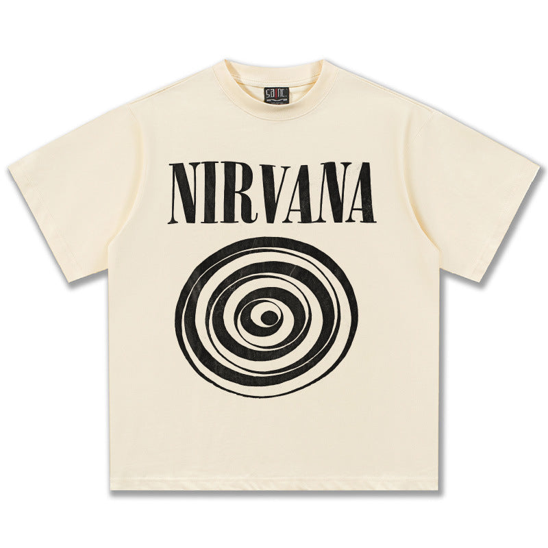 2025 Spring/Summer New Cross border NIRVANA Rock Band Vintage Short sleeved T-shirt Heavy duty Washed and Used Trend (17)