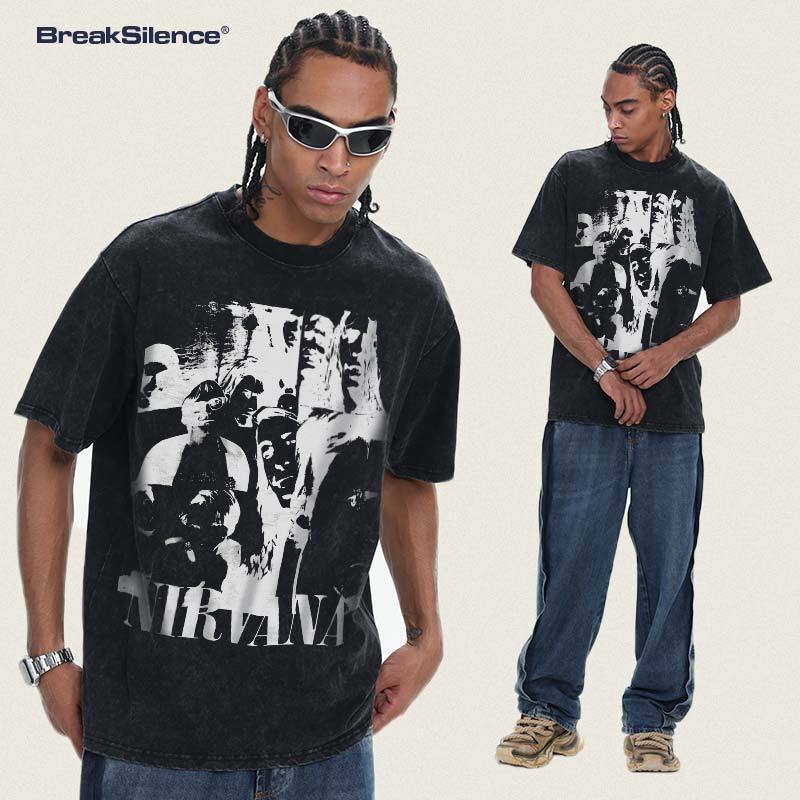 2026 Cross border Spring/Summer Nirvana Pure Cotton T-shirt Men's Direct Spray Printed Summer Breathable Short Sleeve American Retro T-shirt (2)
