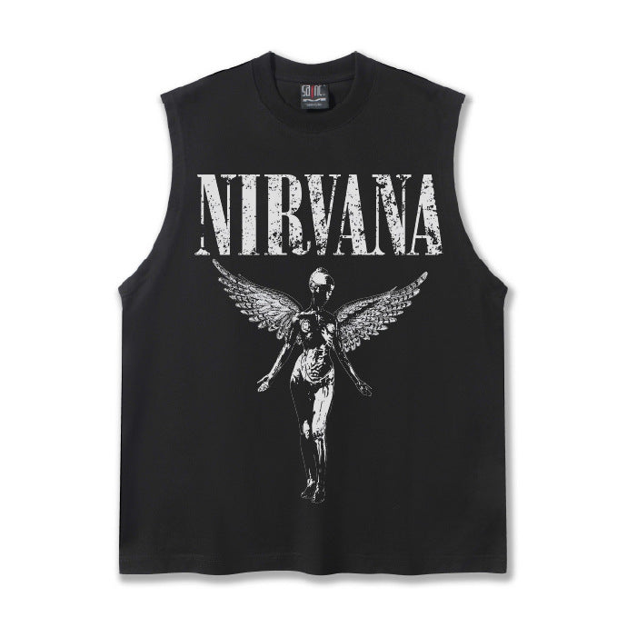 2025 Cross border Summer Nirvana American Retro High Gram Heavy Washed Water Shoulder Tank Top T-shirt Printed Men's Tank Top Trend (1)