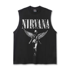 2025 Cross border Summer Nirvana American Retro High Gram Heavy Washed Water Shoulder Tank Top T-shirt Printed Men's Tank Top Trend (1)