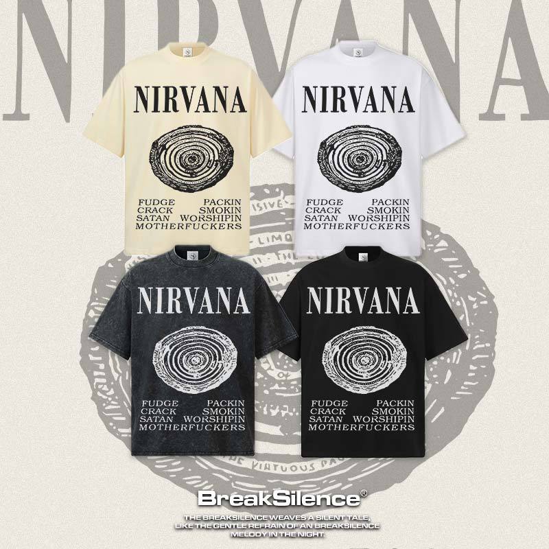 2026 Cross border Spring/Summer NIRVANA New American Round Neck 300G Cotton Shoulder Drop Heavy Short Sleeve Men's Bottom Shirt (1)
