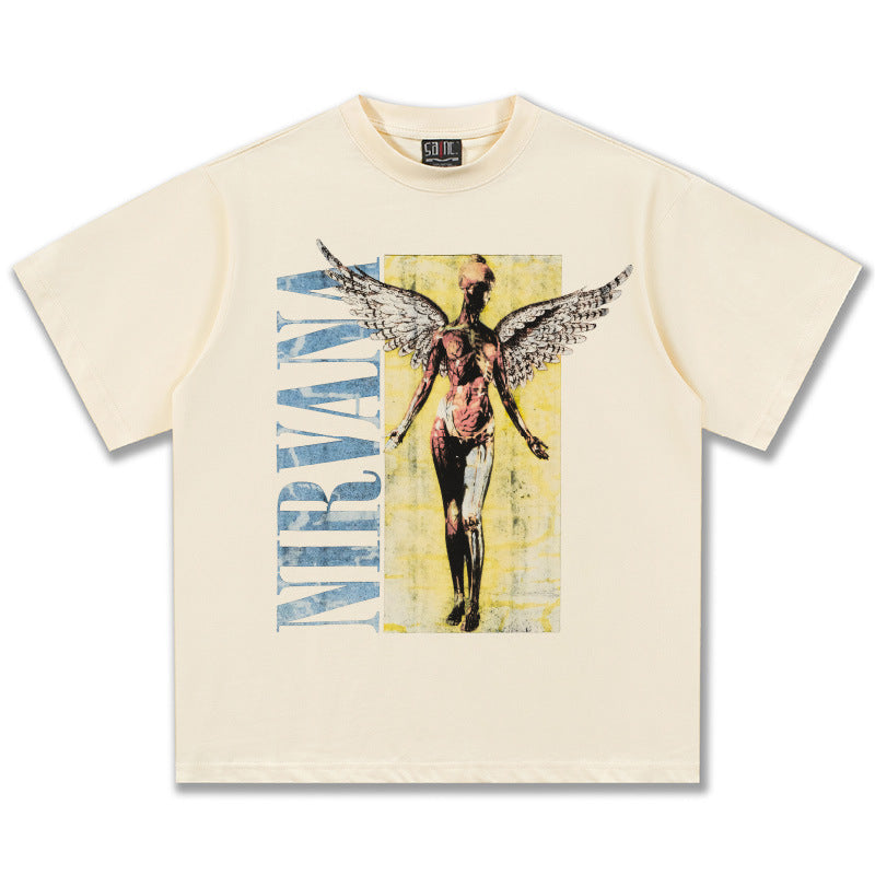 2025 Spring/Summer New Cross border NIRVANA Rock Band Vintage Short sleeved T-shirt Heavy duty Washed and Used Trend (1)