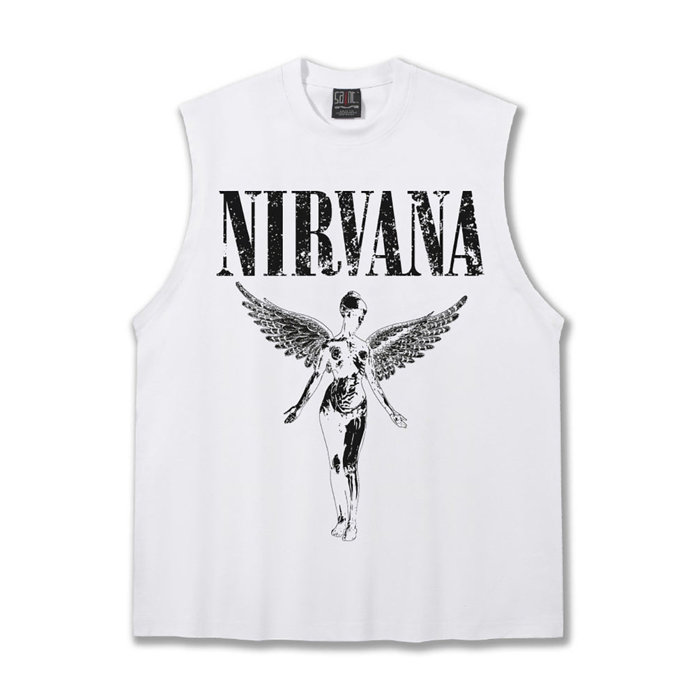 2025 Cross border Summer Nirvana American Retro High Gram Heavy Washed Water Shoulder Tank Top T-shirt Printed Men's Tank Top Trend (2)