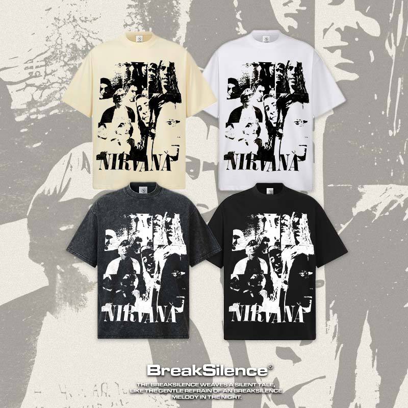 2026 Cross border Spring/Summer Nirvana Pure Cotton T-shirt Men's Direct Spray Printed Summer Breathable Short Sleeve American Retro T-shirt (2)