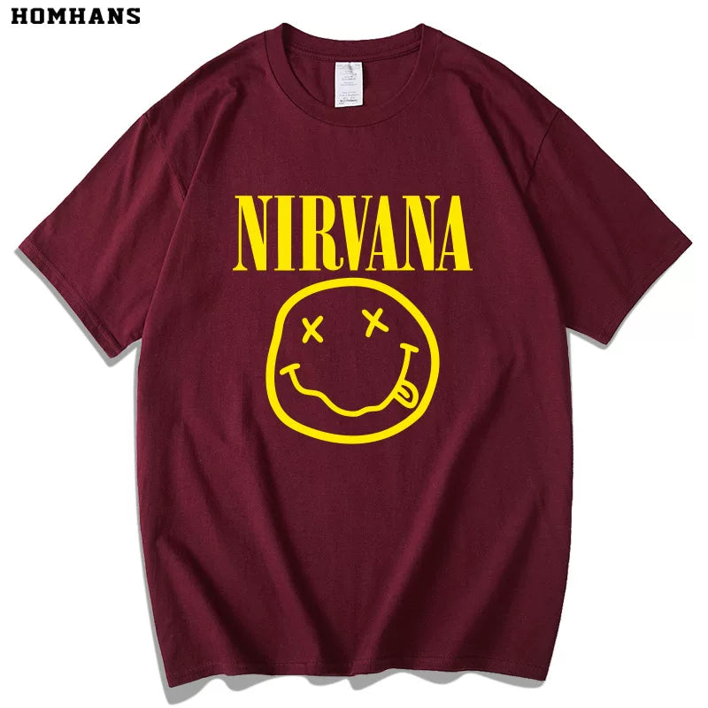 Red Korean Nirvana Nirvana Band European and American Metal Rock Pure Cotton Short sleeved Men's Smiling Face T-shirt Women's Loose Large Size (3)