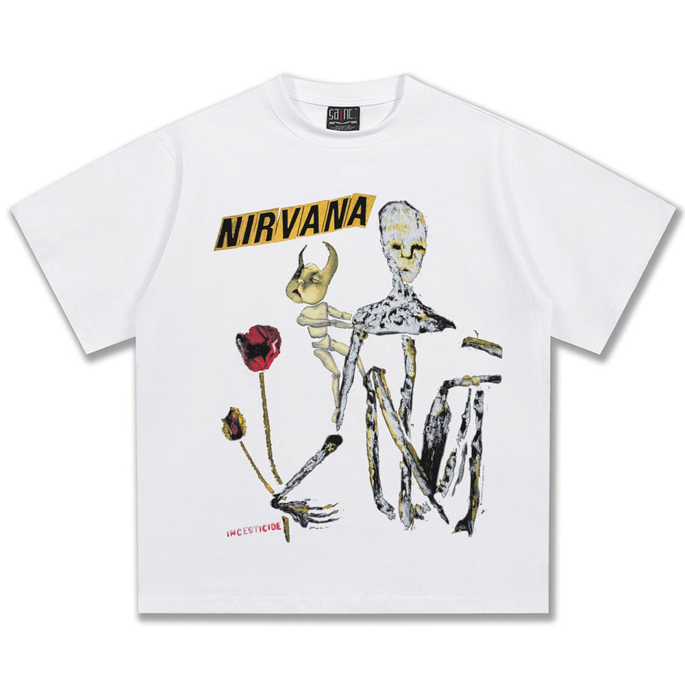 2025 Spring/Summer New Cross border NIRVANA Rock Band Vintage Short sleeved T-shirt Heavy duty Washed and Used Trend (13)