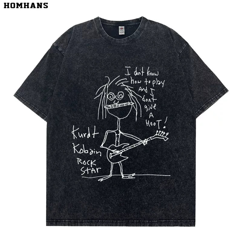 Washed Black Printed Short Sleeve T-shirt Nirvana Kurt Cobain Self Portrait Cotton Loose (2)