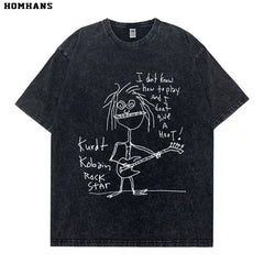 Washed Black Printed Short Sleeve T-shirt Nirvana Kurt Cobain Self Portrait Cotton Loose (2)