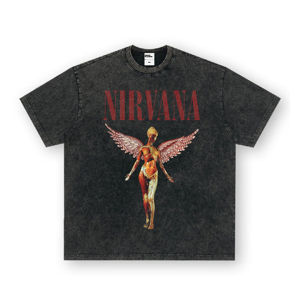 NIRVANA Rock American Retro Short Sleeve T-shirt Washed Heavy Cross border Printed Trendy Pure Cotton Vintage Men (1)