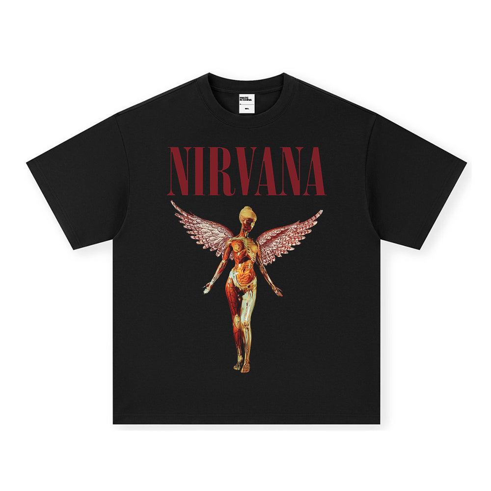 NIRVANA Rock American Retro Short Sleeve T-shirt Washed Heavy Cross border Printed Trendy Pure Cotton Vintage Men (1)