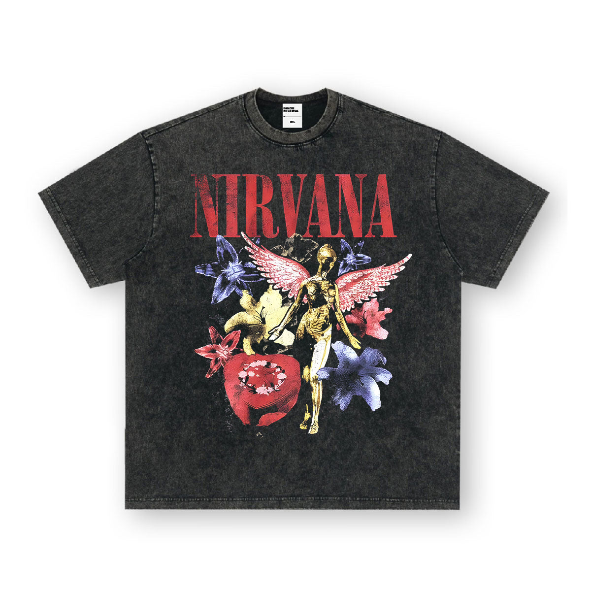 NIRVANA Rock American Retro Short Sleeve T-shirt Washed Heavy Cross border Printed Trendy Pure Cotton Vintage Men (4)