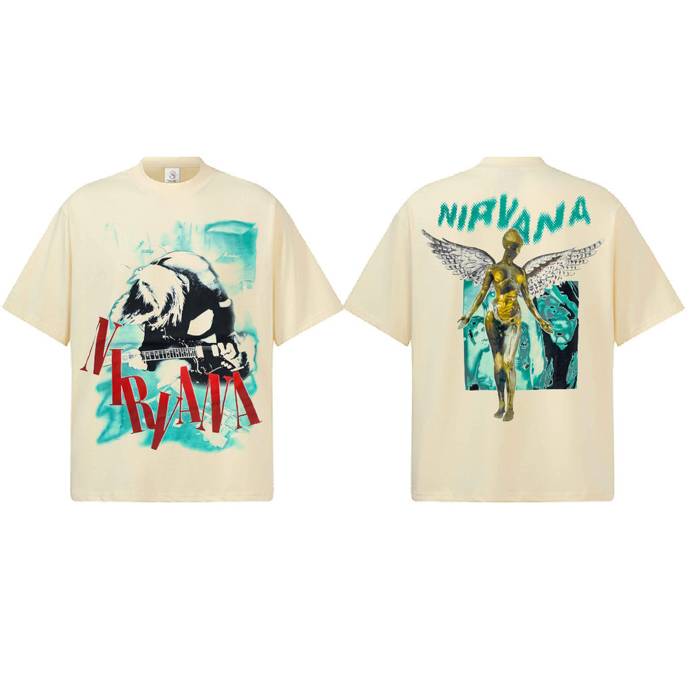 2026 Cross border Spring/Summer NIRVANA New American Round Neck 300G Cotton Shoulder Drop Heavy Short Sleeve Men's Bottom Shirt (1)