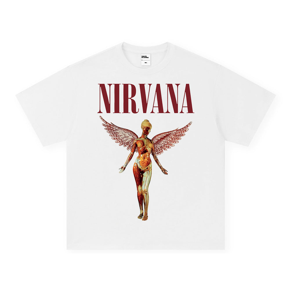 NIRVANA Rock American Retro Short Sleeve T-shirt Washed Heavy Cross border Printed Trendy Pure Cotton Vintage Men (1)
